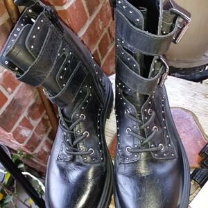 Chelsea & Violet Black Leather Combat Boots